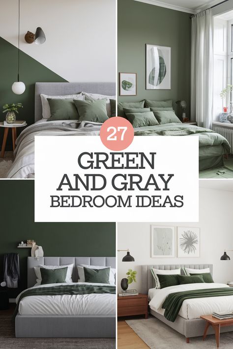 Discover the latest green and gray bedroom ideas that will elevate your space. From vibrant emerald hues to calming sage tones, this color combination creates a timeless and sophisticated aesthetic. Find inspiration for your own bedroom makeover with these stunning ideas. Light Grey And Olive Green Bedroom, Grey And Green Bedroom Ideas Accent Wall, Army Green Accent Wall Bedroom, Gray And Emerald Green Bedroom, Sage Green And Grey Bedroom Ideas, Sage And Gray Bedroom, Gray And Sage Bedroom, Grey And Sage Green Bedroom, Sage And Grey Bedroom