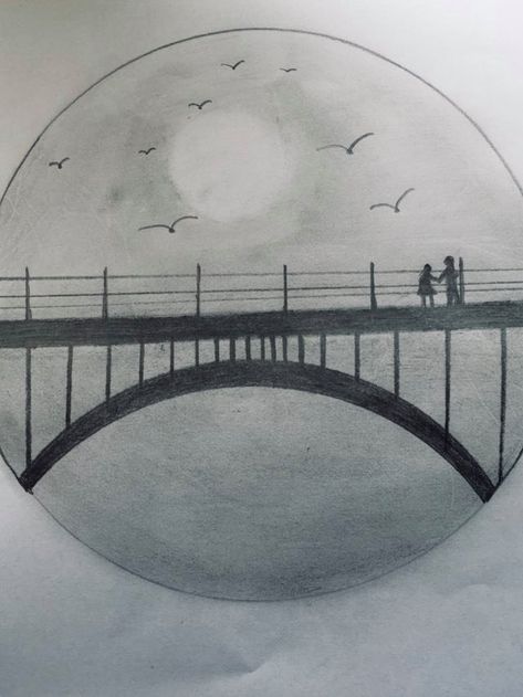 Bridge Sketch Pencil, Natural Scenery Drawing Pencil Easy, Simple Bridge Drawing, Easy Drawings In Circles, How To Draw A Bridge, Bridge Sketch Simple, Dark Pencil Drawings, Book Art Drawings Easy, Easy Drawings Nature