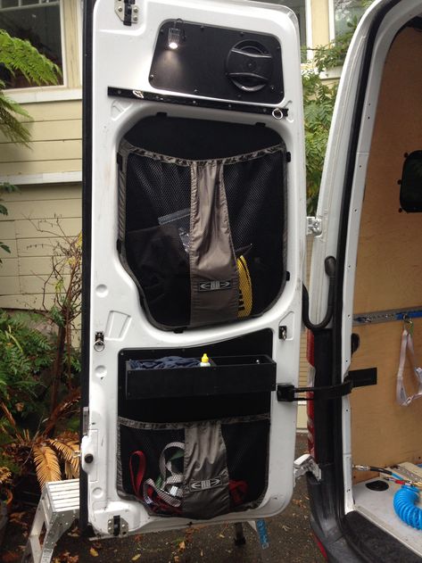 Van Back Door, Back Door Storage, Door Storage Ideas, Campervan Storage Ideas, Campervan Kitchen, Van Organization, Kangoo Camper, Diy Campervan, Transit Camper