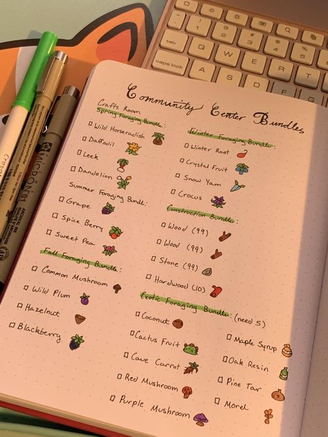 Stardew Valley Community Center Bundles, Gaming Journal Ideas, Stardew Valley Bullet Journal, Houses Animal Crossing, Animal Crossing Layout, Minecraft Community Center, Stardew Valley Community Center, Stardew Valley Journal, Gaming Journal