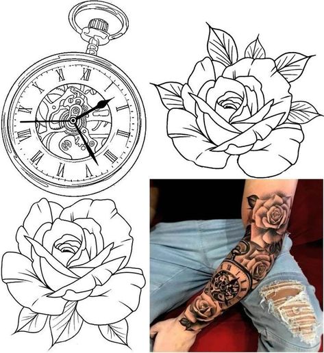 Tato Jam, Time Piece Tattoo, Rose Chest Tattoo, Pigeon Tattoo, Tattoo Clock, Clock And Rose Tattoo, Rose Tattoo On Arm, Rose Clock, Rose Drawing Tattoo