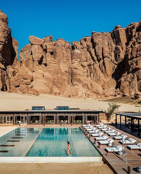 HABITAS AlUla on Instagram: "Perfectly framed by the valley's sandstone canyon walls, our Ashar Deck is where we sit back, unwind and relax under the sun, accompanied by a menu of handcrafted elixirs, smoothies, fresh juices, coffee and tea.⁠ ⁠ #HabitasAlUla #OurHabitas #LiveInspired" Habitas Alula, Resort Ideas, Fresh Juices, Dream Hotels, Desert Travel, Hotel Architecture, Luxury Pool, Fresh Juice, Sit Back