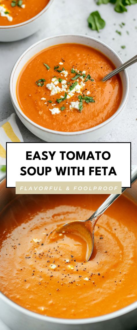 Image for Easy Tomato Soup with Feta Tomato And Feta Soup, Tomato Feta Soup, Feta Soup, Healthy Crockpot Soup, Soup Lovers, Tomato Soup Easy, Baked Tomatoes, Cozy Dinner, Tomato Soup Recipes