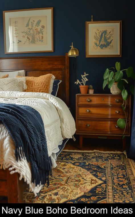 Transform your bedroom into a serene sanctuary with our stunning Navy Blue Boho Bedroom ideas! Discover how to combine the deep, calming tones of navy blue with the eclectic charm of bohemian decor to create a space that's both sophisticated and inviting. Our latest blog post showcases a variety of Boho Bedroom designs that incorporate rich blue hues, natural materials, and unique decor elements. Whether you're looking to add a bold navy accent w Navy Blue Earthy Bedroom, Dark Blue And Rust Bedroom, Navy Themed Bedroom, Cozy Navy Bedroom, Dark Blue Bedrooms Ideas, Navy Terracotta Bedroom, Boho Navy Bedroom, Navy Accent Bedroom, Navy And Wood Bedroom