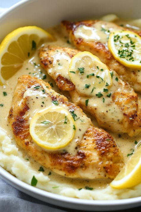 Chicken With Half And Half, Lemon Chicken Tenderloins, Creamy Lemon Chicken Crockpot, Slow Cooker Creamy Lemon Herb Chicken, Private Chef Meals, Meyer Lemon Recipes Dinners, Light Easy Dinner Recipes, Creamy Lemon Herb Chicken, Chicken With Lemon Cream Sauce