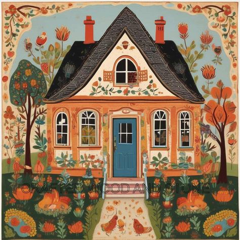 This delightful art print features a whimsical cottage beautifully adorned with intricate folk art flourishes, set within a vibrant autumn landscape. The cottage is surrounded by richly detailed trees, flowers, and playful animals, all rendered in warm, inviting tones that evoke the cozy spirit of the fall season. The combination of architectural charm and natural beauty makes this print a captivating addition to any home. >>Features<< >Traditional Folk Art Style: The illustration features an array of autumn colors and brightly colored flowers, each meticulously detailed and arranged against a spooky background, creating a captivating composition.      >Rich Colors and Details: The vibrant hues of orange, and antique yellows bring the scene to life, showcasing the natural beauty and it's s Cozy Home Illustration, Cottage Town, Playful Animals, Cottage Illustration, Spooky Background, Traditional Folk Art, Whimsical Cottage, Fall Cottage, Folk Art Decor