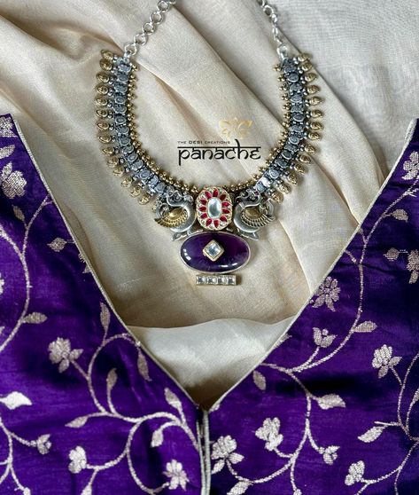 Simple yet stunning! Pure Chiffon Tissue silk Banarasi with heavy work woven palla and brocade blouse piece (unstitched)! Paired with a dark purple designer blouse with Zari jaal weave and a stunning pure silver necklace with Amethyst kundan centre piece! #panachethedesicreations #khaddigeorgette #khaddichiffon #banarasi #instasaree #tissuesarees Brocade Blouse, Brocade Blouses, Heavy Work, Pure Chiffon, Designer Blouse, Centre Piece, Centre Pieces, Blouse Piece, Pure Silver