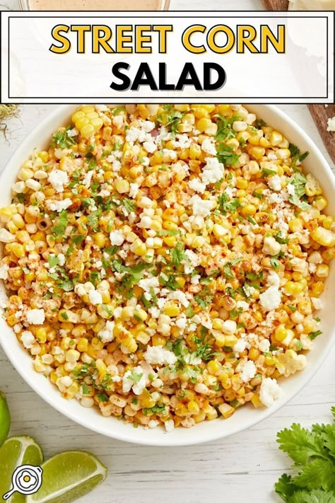 overhead photo of street corn salad in a large white serving bowl with recipe title block at the top. Corn Mexican, Salad Shooter, Elote Corn, Street Corn Salad, Best Summer Salads, Tomatoes Recipes, Mexican Corn Salad, Grilling Recipes Sides, Mexican Street Corn Salad