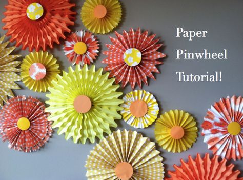 DIY Paper Pinwheel Tutorial! What a fun way to bring color & texture to your #visitualmerchandising #display Paper Pinwheel Diy, Pinwheel Decorations, Pinwheel Tutorial, Paper Pinwheels, Diy Pinwheel, Paper Medallions, Paper Fan Decorations, Pinwheels Paper, Paper Rosettes