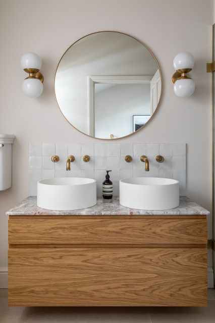 Small Double Vanity Bathroom, Small Double Vanity, Double Vanity Ideas, Small Bathroom Double Sink, Wood Double Vanity, Bathroom Vanity With Marble Top, Small Bathroom Vanity, Transitional Bathroom Design, White Vessel Sink