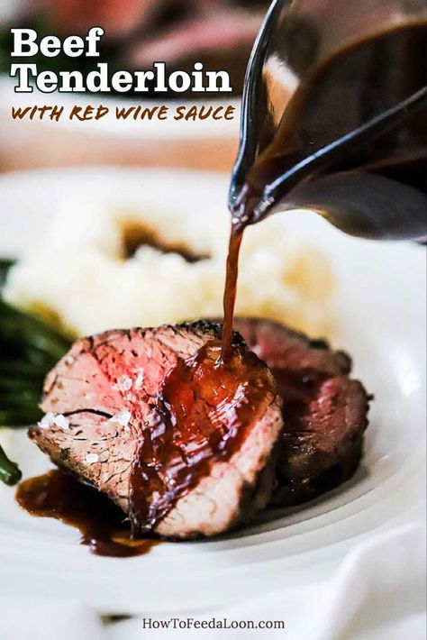 Beef Tenderloin with Red Wine Sauce is a show-stopper of roast. Unbelievably tender and deeply flavorful. The red wine sauce puts it over the top. The perfect holiday roast. Get the complete recipe with ALL-NEW VIDEO on the blog! Tenderloin With Red Wine Sauce, Beef Gravy Recipe, Whole Beef Tenderloin, Holiday Roast, Red Wine Beef, Red Wine Gravy, Beef Tenderloin Recipes, Filet Mignon Recipes, Holiday Roasts