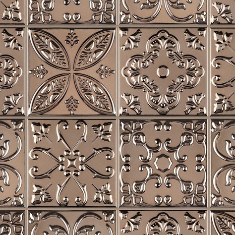 Dark Cabinets White Backsplash, Antique Tin Ceiling Tile, Copper Tile Backsplash, Affinity Tile, Backsplash With Dark Cabinets, Patterned Wall Tiles, Trendy Kitchen Backsplash, Grey Wood Floors, Copper Tiles