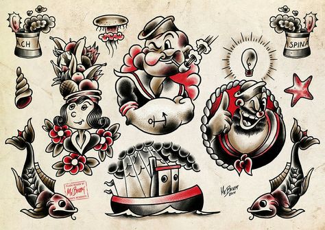 Beautiful a Popeye tattoo art Vintage Tattoo Men, Popeye Tattoo, Vintage Style Tattoos, Popeye The Sailor Man, Traditional Tattoo Sleeve, Flash Sheet, Tattoo Flash Sheet, Traditional Tattoo Design, Traditional Tattoo Art