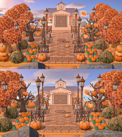 Fall Road Path Acnh, Acnh Island Design Ideas Halloween, Town Ideas Acnh, Fall Theme Animal Crossing, Acnh Fall Town Entrance, Animal Crossing Fall Entrance, Acnh Autumncore Island, Acnh Autumncore Entrance, Acnh Town Hall Plaza Ideas