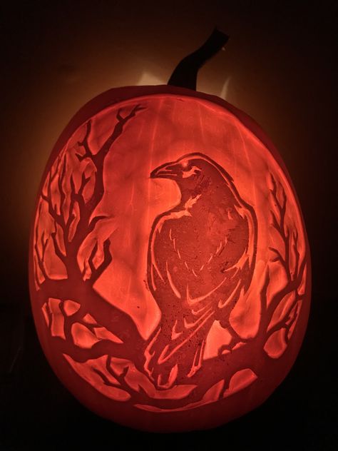 Pumpkin. Raven Pumpkin Sculpture Ideas, Fall Leaf Pumpkin Carving, Peacock Pumpkin Carving, Pumpkin Carving Ideas Intermediate, Viking Pumpkin Carving, Pumpkin Carving Ideas Dia De Los Muertos, Gothic Pumpkin Carving Ideas, Realistic Pumpkin Carvings, Nature Pumpkin Carving