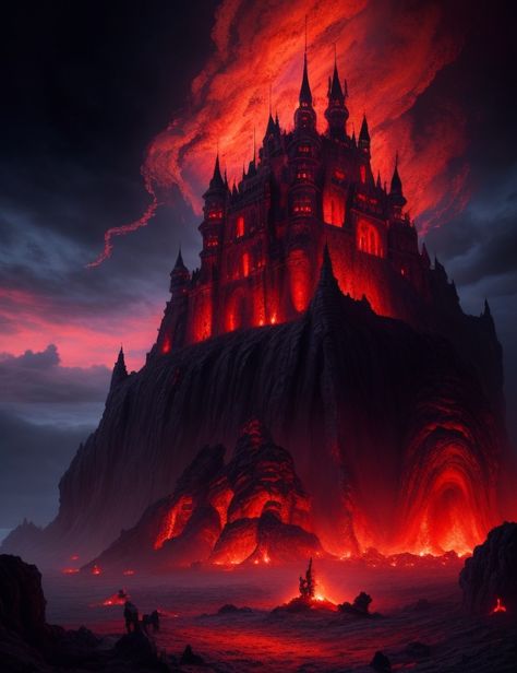 I had a terrible nightmare, with a black obsidian palace, surrounded by incandescent lava... I don't want to go back there! Obsidian Castle, Elemental Dnd, Lava Castle, Fire Castle, Dark Palace, Evil Castle, Villain Lair, Fantasy Palace, Black Palace