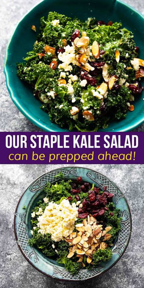 Simple and so tasty, this kale salad has feta cheese, dried cranberries, and sliced almonds all tossed in a tangy lemon vinaigrette. It's our go-to recipe because of the simplicity and perfect blend of salty, sweet, soft and crunchy. #sweetpeasandsaffron #holiday #salad #kale #glutenfree #cleaneating #thanksgiving Simple Kale Salad Recipes, Kale Salad Recipes Healthy, Kale Cranberry Salad, Sweet Kale Salad, Salad Recipes Healthy Easy, Kale Salad Recipes, Kale Recipes, Best Salad Recipes, Lemon Vinaigrette