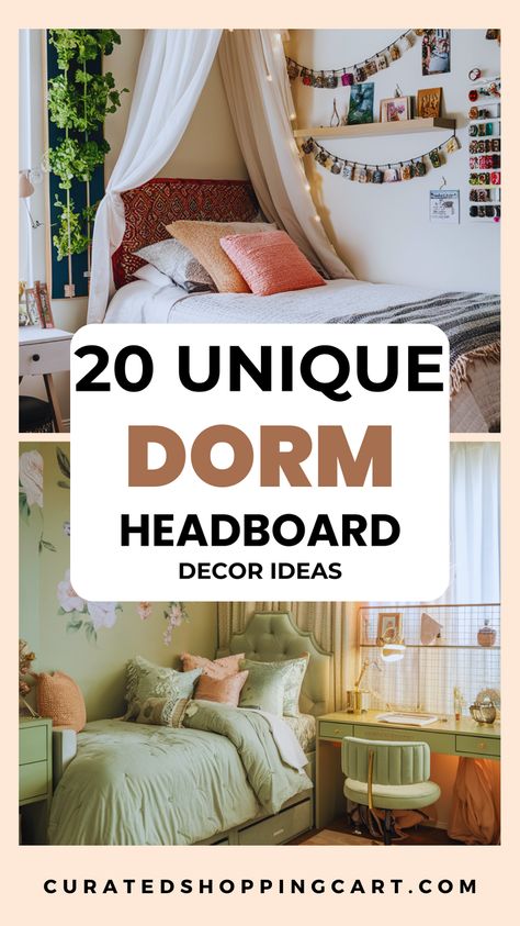 Transform your dorm room with these 20 elegant dorm room headboard ideas! From DIY headboards to cozy, bohemian styles, these headboard designs will add personality & functionality to your small dorm space. Discover budget-friendly, easy-to-make options that help maximize storage, comfort, and style. These ideas are perfect for personalizing your college living space and making it feel like home. Dorm decor, dorm room headboard ideas, college dorm decor, dorm bed headboards, dorm headboard ideas Room Headboard Ideas, Dorm Headboard Ideas, Indie Dorm, Unique Dorm Room, Elegant Dorm Room, Dorm Room Headboards, Painted Headboard, Dorm Headboard, Small Dorm