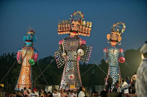 Dussehra festival in celebration of Ram’s victory and Ravana’s defeat. The temples of Lord Ram are decorated with flowers and lit with lamps, in every nook and corner of the capital. Religious music and recital of the Ramayana fill the atmosphere. October Festival, India Aesthetic, Dussehra Celebration, Celebration Images, Festivals Of India, Festival Image, Event Guide, Fairs And Festivals, Travel India