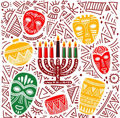 Kwanzaa is an annual holiday that begins December 26  and ends January 1 at the start of the new year with gift-giving and a feast of faith, called Karamu Ya Imani. Kwanzaa celebrates the rich cultural roots of Americans of African ancestry. The word Kwanzaa was derived from matunda ya kwanza which means “the first” or “the first fruits of the harvest” in Swahili.  Kwanzaa was founded in 1966 by Dr. Maulana Karenga, a Black Studies professor who wanted to bring African-Americans together after Colored Candles, Happy Purim, Happy Kwanzaa, African Ancestry, Merry Christmas Background, Valentines Day Coloring, Coloured Candles, Plant Vector, Hand Drawn Vector Illustrations