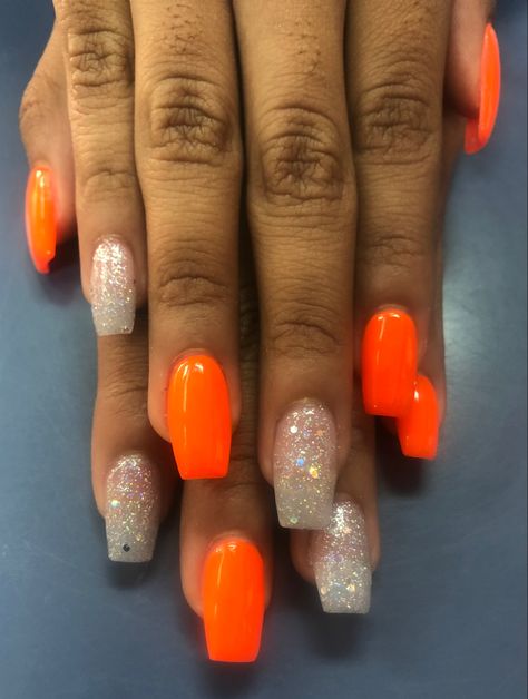 Orange With Glitter Nails, Beach Nail Designs Orange, Bright Orange Nails With Glitter, Orange Glitter Nail Designs, Orange Nails For Halloween, Neon Orange Nail Designs Summer, Hunter Orange Nails, Nails To Match Orange Dress, Bright Orange Nail Ideas