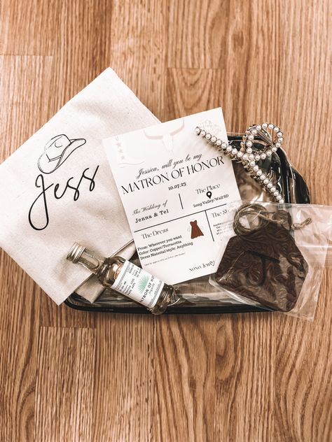 Bridesmaid Proposal Country Theme, Western Bride Gifts, Western Bridesmaid Proposal Ideas, Cowgirl Bridesmaid Proposal, Western Maid Of Honor Proposal, Bridesmaid Proposal Country, Officiant Proposal Ideas Women, Western Themed Bridesmaid Proposal, Bridesmaid Proposal Rustic