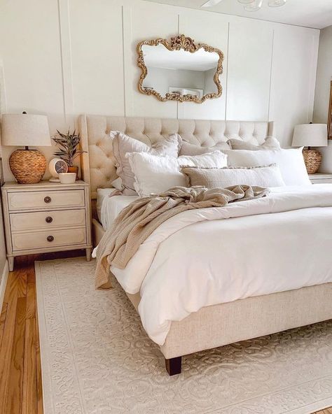 Beige Bed Ideas, Beige Upholstered Bedroom Ideas, Cream Headboard Bedroom Ideas, Neutral Beige Bedroom, Bedroom Inspirations Modern, Beige Bedroom Decor, Unique Talents, Neutral Bedroom Decor, Upholstered Bedroom