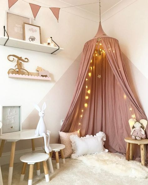 Beautiful girlish room featuring our Dusty Pink Canopy and Bunting Garland Decorate With Fairy Lights, Minimalist Kids Room, Bunny Room, Fairy Lights Decor, Fantasy Bedroom, Fairy Lights Bedroom, Kids Room Inspiration, Toddler Bedrooms, Big Girl Rooms