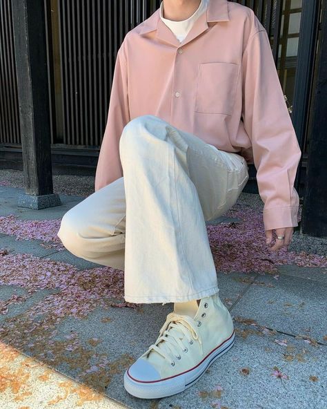 Soft Outfits Aesthetic Men, Masc Pastel Outfits, Mens Pastel Outfit, Mens Fashion Elegant, Men Pink Outfit, Pastel Male Outfits, Pink Long Sleeve Shirt Outfit, Cute Male Outfits, Pastel Academia Outfit