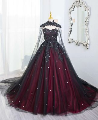 Gothic Black and Red Wedding Dresses with Cape Vintage Beaded Bridal Gowns  | eBay Dark Maroon Wedding Dress, Black And Red Wedding Dresses Plus Size, Red And Green Wedding Dress, Dark Red And Black Quince Dress, Ballgown Formal Dress, Wedding Dresses With Cloaks, Slytherin Themed Dress, Goth Wedding Dress Plus Size, Dark Red And Black Wedding Dress