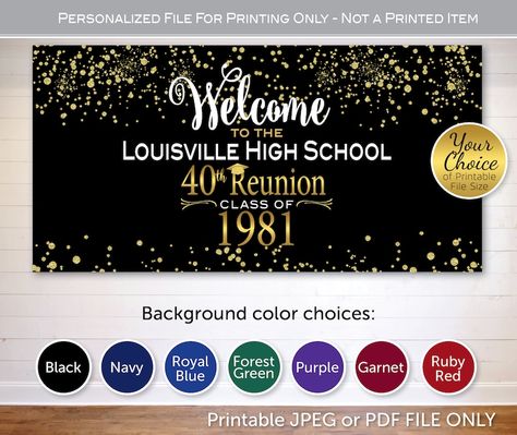 Class Reunion Welcome Backdrop Banner Print-ready File Class - Etsy Australia Class Reunion Decorations, Gold Foil Background, Foil Background, Reunion Decorations, Purple Garnet, Reunion Invitations, White Paint Pen, Red Forest, School Choice