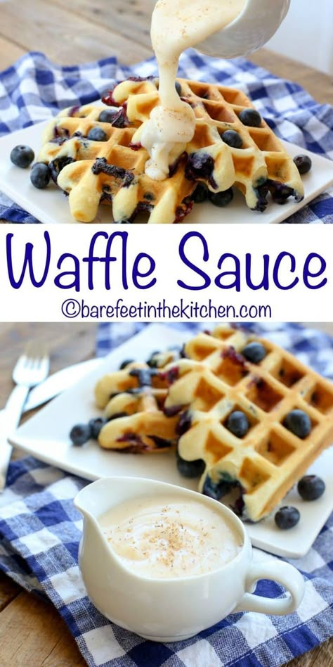 Waffle Sauce is an unforgettable topping for waffles, pancakes, or French toast! get the recipe at barefeetinthekitchen.com Waffle Sauce, Waffle Iron Recipes, Waffle Maker Recipes, What's For Breakfast, Sweet Sauce, Waffle Iron, Waffle Recipes, Waffle Maker, Breakfast Brunch Recipes