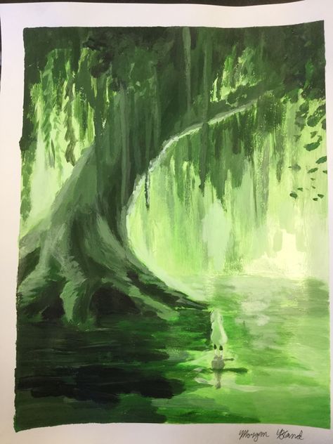 Monochromatic painting by Morgan Bland. (only uses green, black, and white) -use premixed green. Original image inspired by work from Devin art (artist of original image unknown) Green Art Reference, Green Paiting Aesthetic, Monochrome Green Painting, Ivy Plant Painting Acrylic, Landscape Monochrome Painting, Black White Green Painting, Green Asthetics Paintings, Green And Brown Painting Ideas, Cute Easy Aesthetic Paintings Green