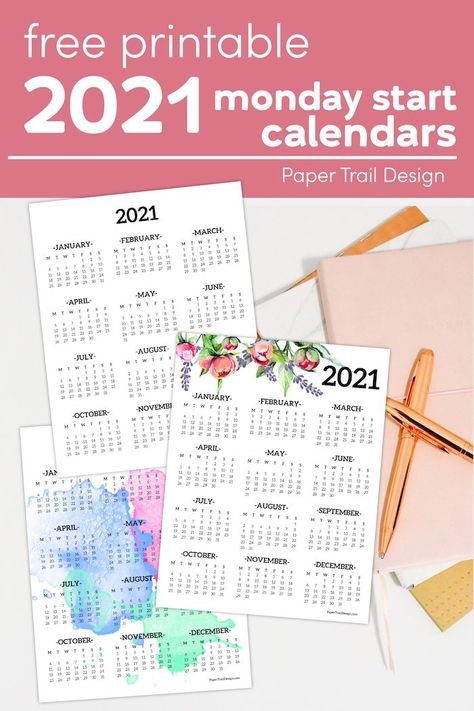 Plain, floral, or watercolor design Monday start 2021 wall calendar to help you stay organized and on top of your schedule. #papertraildesign #calendar #calendars #cutecalendars #organize #organization #freeprintable #freeprintables One Page Calendar, Free Planner Pages, Paper Trail Design, Page Wall, Calendar For Kids, Free Printable Calendars, Modern Calendar, Trail Design, Year At A Glance