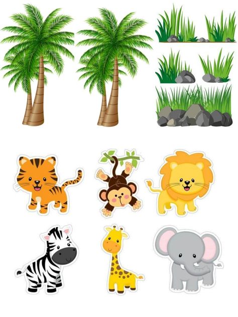 Jungle Theme Topper Printable, Jungle Theme Cake Topper Printable, Safari Theme Cake Topper Printable, Kue Hello Kitty, Writing Practice Kindergarten, School Stickers Labels, Jungle Theme Cakes, Cake Topper Printable, Space Theme Party