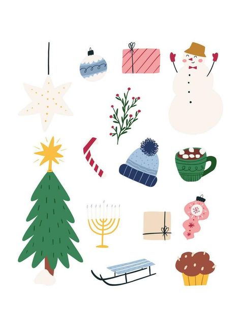 Set of cute Christmas elements, hand drawn flat vector illustration isolated on white background. Winter holiday greeting card. Christmas tree, snowman, candle, candy. Cozy and simple Christmas. Christmas Illustration Simple, Hand Drawn Christmas Cards, Snowman Illustration, Candle Illustration, Christmas Simple, Background Winter, Snowman Candle, Vector Frame, Tree Snowman