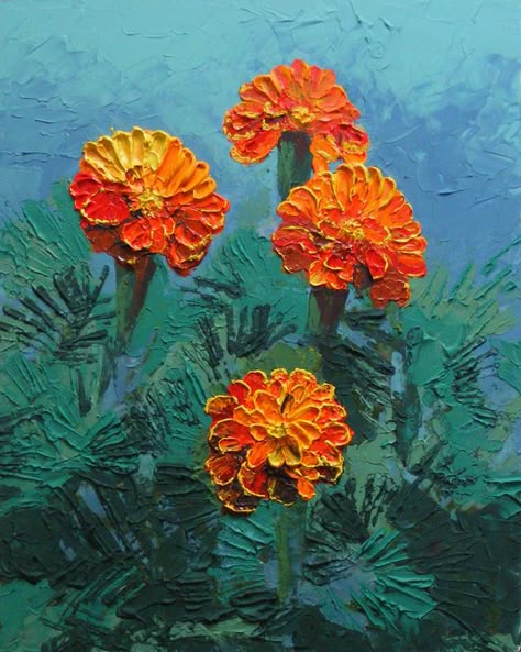 This is today's fun experiment! It's called "Marigolds-n-the Mist", a 16" x 20" acrylic and modeling paste on Art Board. This is another one of those new style 3-D paintings, done entirely with a palette knife and a big old vet syringe. It has at the least a quarter of an inch raised texture on it! Modelling Paste Painting, Modeling Paste Flowers, 3d Painting On Canvas Acrylics, Texture Paste Painting, How To Paint Marigold Flowers, Modeling Paste Painting, 3d Acrylic Painting, Modeling Paste Art Ideas, Marigold Art