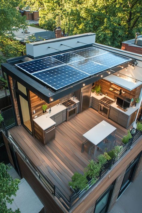 Modern house rooftop deck with a solar panel and outdoor kitchen. Check out all of these modern houses with roof decks that boost both style and functionality. Rooftop Kitchen Ideas, Covered Rooftop Terrace, Roof Top Designs For Houses, Houses With Rooftop Decks, Kitchen Rooftop Design, Duplex Townhouse Designs, Retractable Roof Architecture, Rooftop Design House, Small House With Rooftop Deck