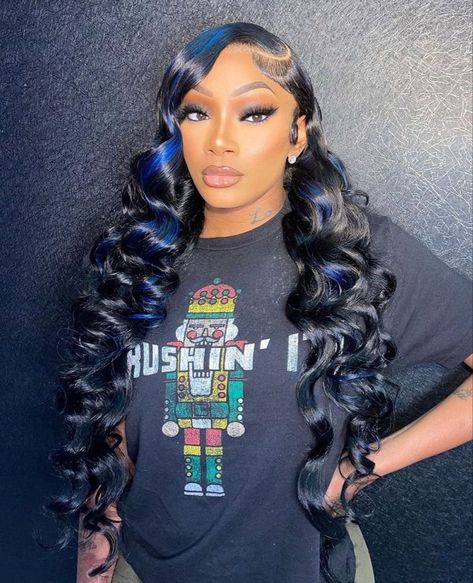 Black Hair With Blue Highlights, Blue Hair Highlights, Short Pixie Wigs, Black Hair Wigs, Blue Black Hair, Black Hair With Highlights, Quick Weave Hairstyles, Birthday Hair, Quick Braided Hairstyles