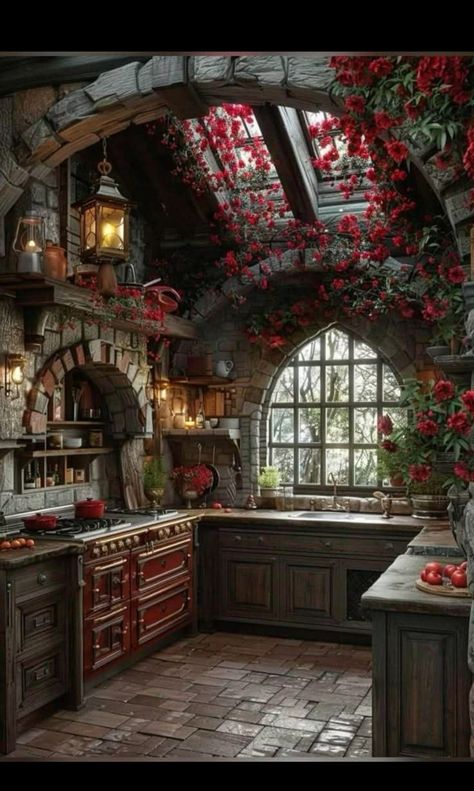 Fairytale House Interior, Fairytale Cottage Interiors, Kitchen House Design, Cottage Courtyard, Tudor Decor, Woodland Witch, Castle Kitchens, Mountain Dream Homes, Gothic Kitchen