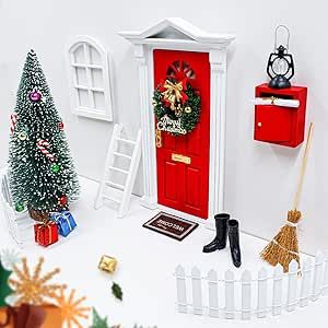 BEIREG Dollhouse Furniture - 19pcs Miniature Fairy Door with Christmas Tree and Christmas Accesories, Christmas Decorations Wooden Fairy Door Craft Gift for Kids Tooth Fairy Doors, Fairytale Decor, Elf Door, Christmas Elf Doll, Elf Christmas Tree, Enchanted Fairy, Door Crafts, Elf Girl, Dollhouse Christmas