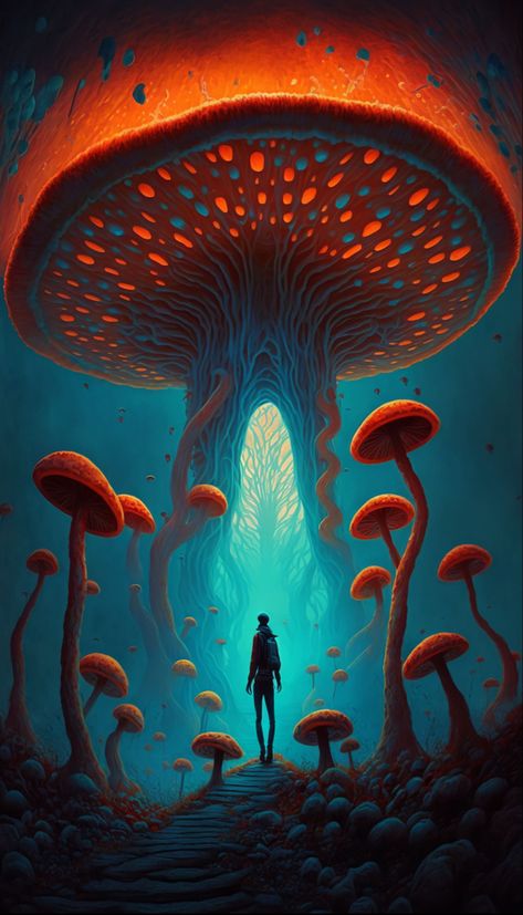 Utopian World Illustration, Mushroom Surrealism Art, Giant Mushroom Art, Trippy Fantasy Art, Infected Mushroom Art, Dreamscape Drawing, Mushroom Spaceship, Fantasy World Art Dreams, Horror Mushroom