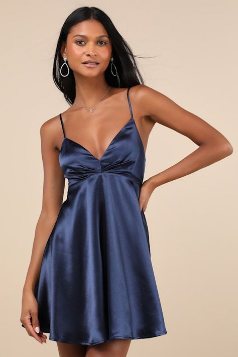 Happily Yours Navy Blue Satin Skater Mini Dress Dresses Semi Formal Short, Silk Blue Dress Short, Hoco Flowy Dress, Deep Blue Hoco Dress, Mid Length Homecoming Dresses, Alt Hoco Dress, Windsor Hoco Dresses, Middle School Dresses Dance, Winter Dresses Short