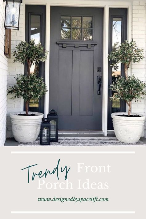 Front Porch Year Round Decor, Large Front Porch Ideas Modern, Modern Chic Front Porch, Front Porch Decor With Black Door, Bungalow Front Porch Decor, Entrance Way Ideas Front Entry Outside, Porch Vases Front Doors, Black Front Door Porch Ideas, Outside Front Door Entryway Ideas Modern