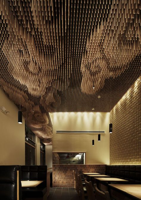 Tsujita restaurant by Takeshi Sano, Los Angeles store design Concept Restaurant, Interior Ceiling Design, Hotel Inspiration, Ceiling Detail, Ceiling Treatments, Ceiling Installation, Hotel Interior Design, Wooden Ceilings, Jw Marriott