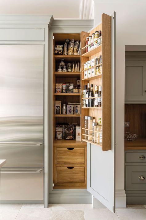 12 Pantry Ideas - Larder Cupboard Ideas For Every Kitchen Cupboard Storage Ideas, Desain Pantry Dapur, Green Shaker Kitchen, Tom Howley Kitchens, Narrow Pantry, Kitchen Larder Cupboard, Kitchen Larder, Kitchen Cupboard Storage, Larder Cupboard