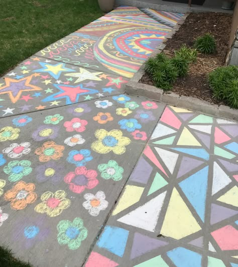 Chalk Festival Ideas, Driveway Chalk Art, Chalk Flowers Sidewalk, Painters Tape Chalk Art Sidewalk, Butterfly Sidewalk Chalk Art, Chalk Mandala Sidewalks, Sorority Chalk Sidewalk, Chalk Activities, Fun Chalk Art