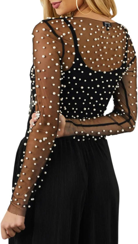 New Years Eve cute outfit ideas! #newyears #nye #nyeoutfit #newyearseveoutfit #2024 #partyoutfit #cocktailpartyoutfit #affiliatelink #pearltop Elegant Crop Top, Dirndl Outfit, Mesh Long Sleeve Top, Y2k Tops, Mini Robes, Mesh Long Sleeve, Elegant Shirt, Sheer Top, Sheer Fabrics