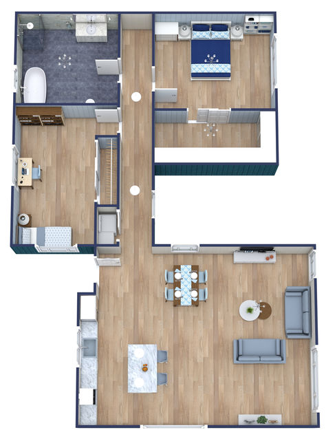 A wooden and blue 3D floor plan with two bedrooms, one bathroom, a narrow hallway, an open concept, and a kitchen island. Great Room Design, Unique Floor Plans, 3d Floor Plan, Blue Floor, 3d Floor, Great Room, Large Bedroom, Light Wood, Great Rooms