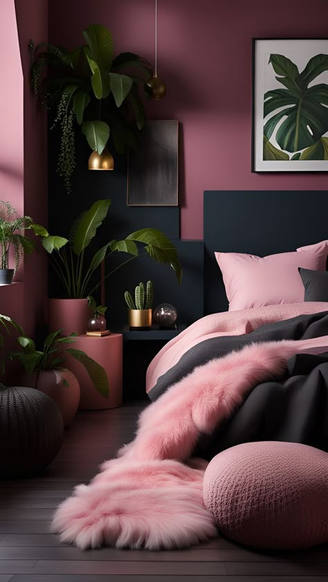 Dark Pink Bedroom Ideas For Women, Deep Pink Bedroom, Pink And Black Bedroom Aesthetic, Pink Adult Bedroom, Rose Gold Bedroom Ideas, Pink And Black Bedroom Ideas, Rose Gold Bedroom, Neon Bedroom, Elegant Living Room Decor